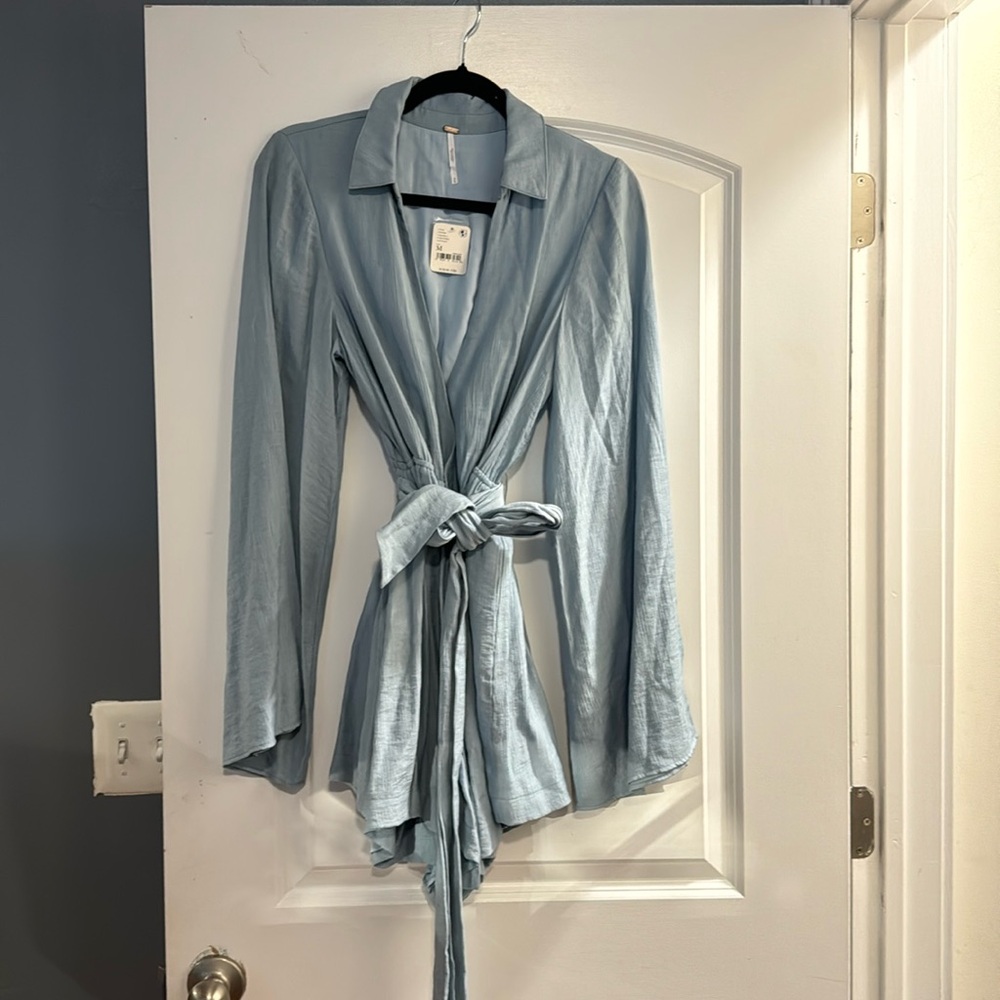 Free People NWT Baby Blue medium  belted romper long sleeve